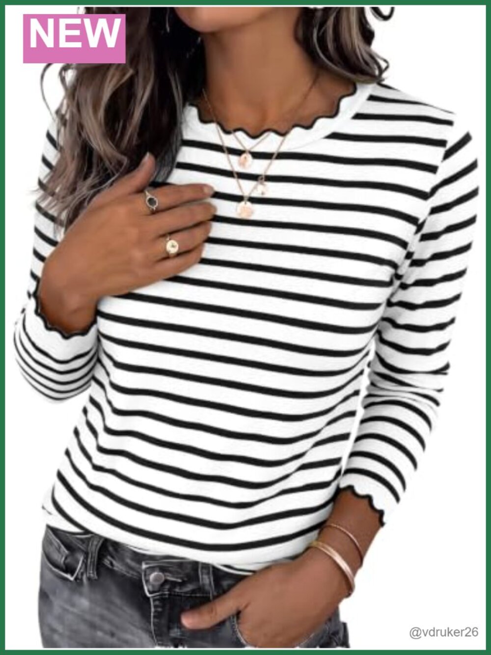 Womens Long Sleeve Striped Tunic Top Scalloped Cotton Casual Tee